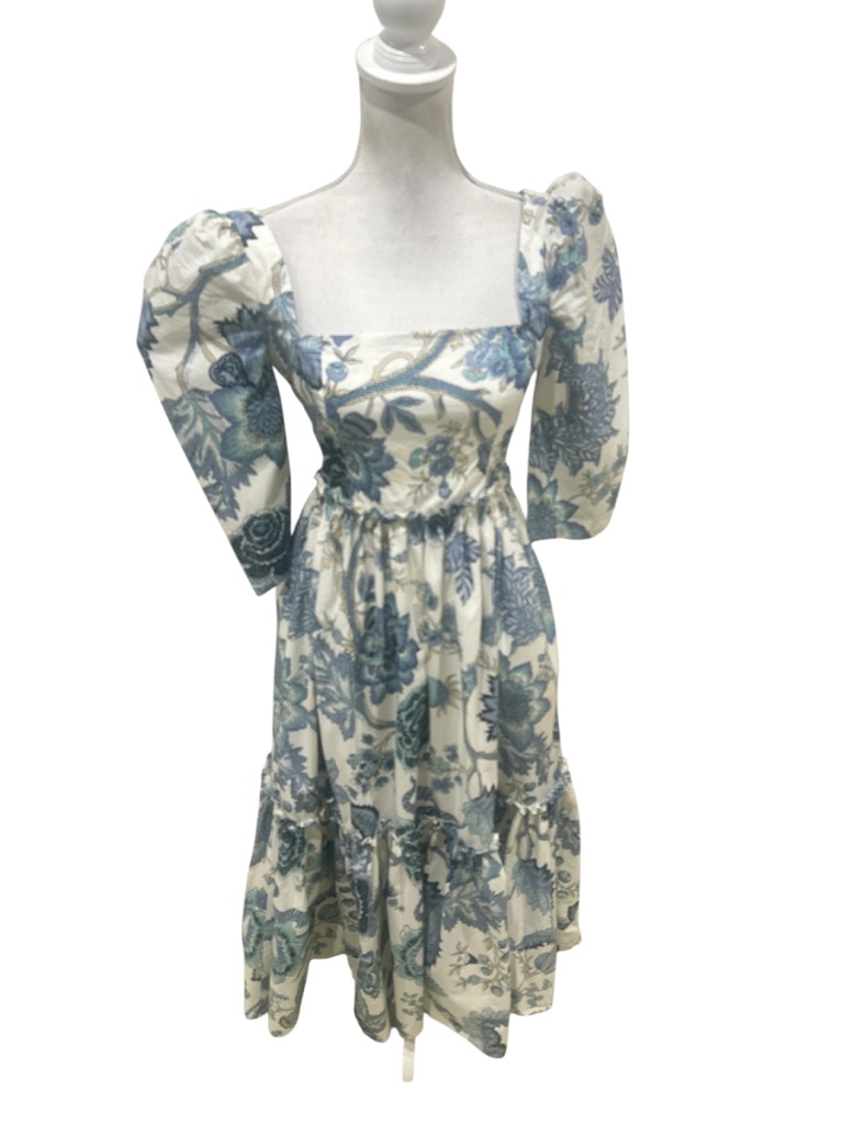 Cara Cara Blue & Cream Floral Square-Neck Midi Dress Puff Sleeve Ruffle Hem 2